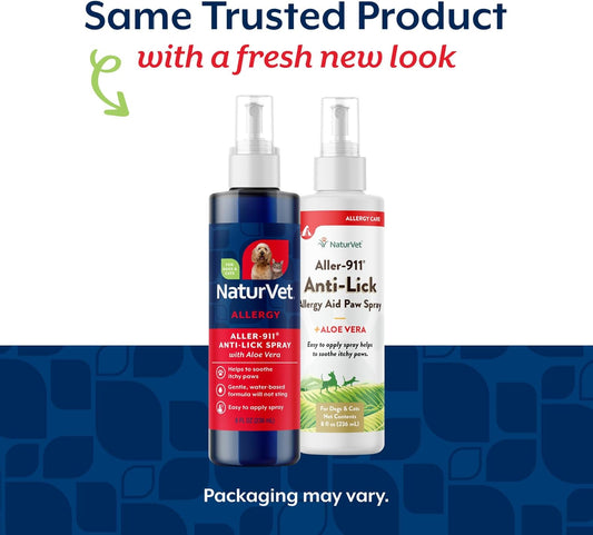 Two spray bottles of NaturVet products on a blue and white background with text about a fresh new look.