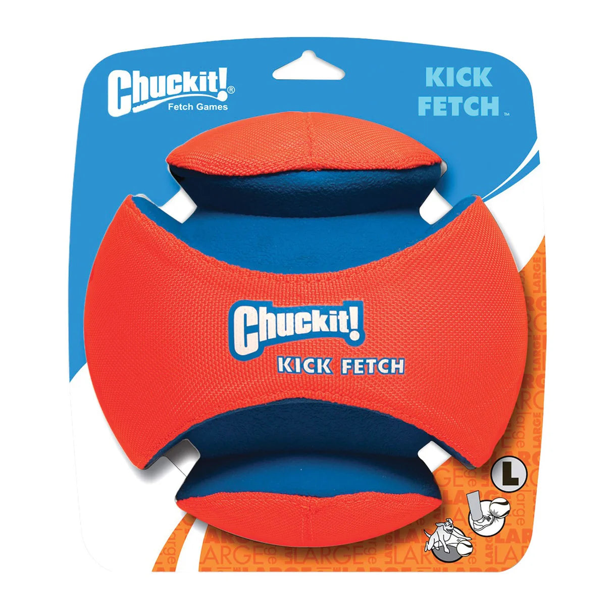 Chuckit! Kick Fetch toy packaging with red and blue toy on a white background