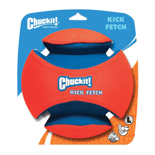 Chuckit! Kick Fetch toy packaging with red and blue toy on a white background