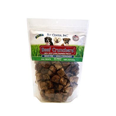 Pet Center® Beef Crunchers™ 100% Beef Lung Training Treats in a Clear Bag with Label Dog Treat 8oz