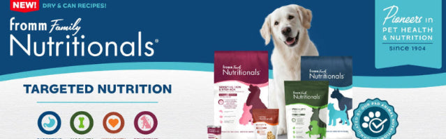 Promotional banner for Fromm Family Nutritionals pet food with a dog and product packaging.